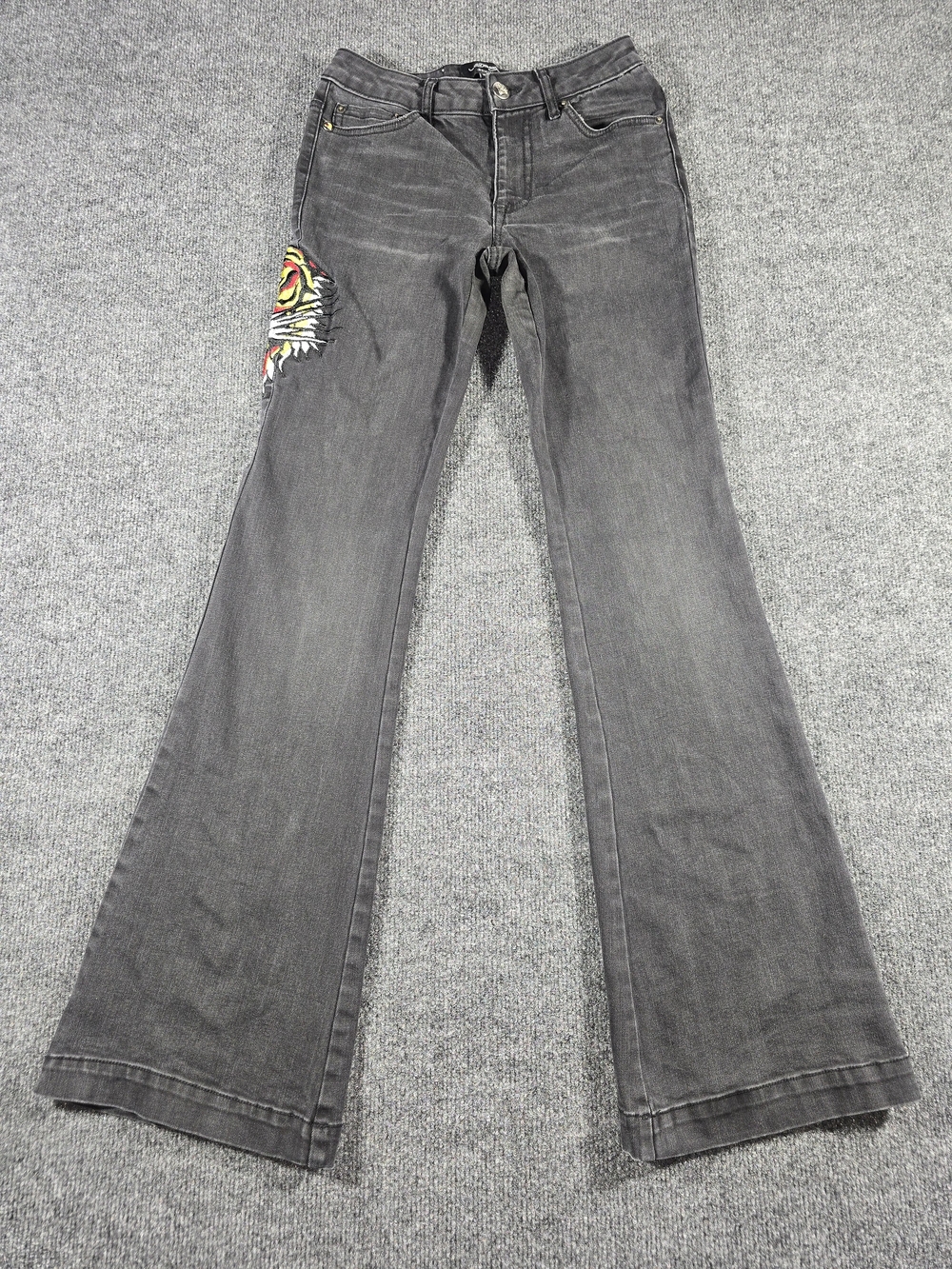 Ed Hardy Black Tiger Head Flare Jeans Women’s Size 24 Low Rise Y2K Embroidered